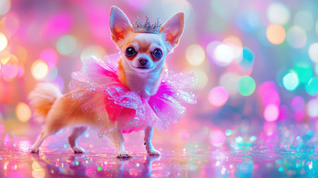 A fashionable Chihuahua struts down a reflective runway, wearing a tutu and tiara, with vibrant bokeh lights in the background, adding sparkle to the playful display.の素材