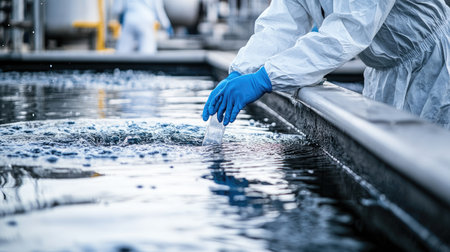 A close-up of a worker in a white protective suit and blue gloves taking a water sample at a water treatment plant, emphasizing safety and precision.の素材