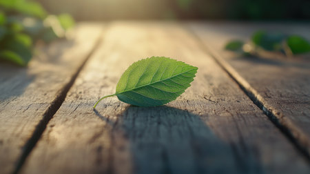 A close-up of a single green leaf on a wooden surface with sunlight gently illuminating it, creating a peaceful and natural setting.の素材