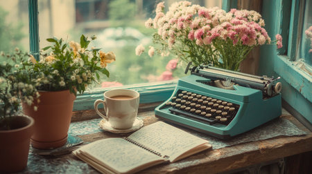 A cozy vintage setup with a typewriter, open notebook, coffee, and flowers on a windowsill, evoking a creative and nostalgic atmosphere.の素材