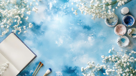 A creative workspace with an open sketchbook on a blue watercolor background, surrounded by brushes, paints, and delicate white and blue flowers, evoking artistic inspiration.の素材