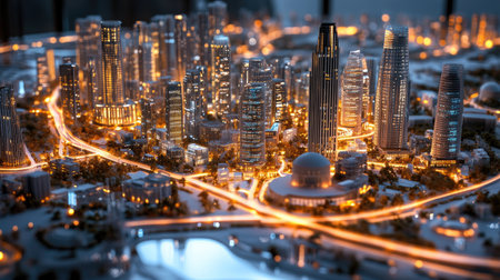 A detailed futuristic city model with glowing pathways and illuminated skyscrapers, representing a visionary, high-tech urban environment at night.の素材