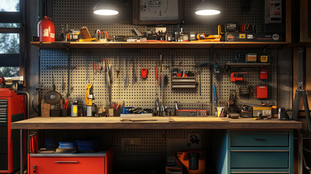 A close-up of a well-arranged workbench in a garage with different tools, hardware, and workshop essentials, highlighting a clean, practical environment.の素材