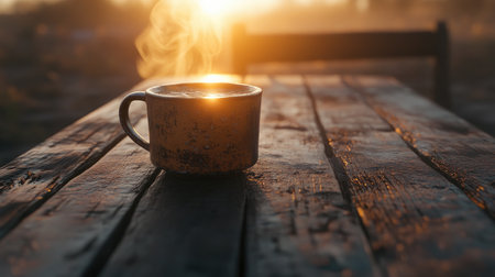 A close-up of a steaming cup of coffee placed on a rustic wooden table at sunrise, surrounded by soft natural light, perfect for a tranquil morning moment.の素材