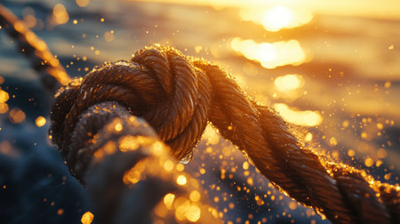 A close-up of a nautical rope knot glistening with sea spray at sunset, capturing the texture and beauty of the ocean in warm, golden light.の素材