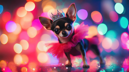 A fashionable Chihuahua struts down a reflective runway, wearing a tutu and tiara, with vibrant bokeh lights in the background, adding sparkle to the playful display.の素材