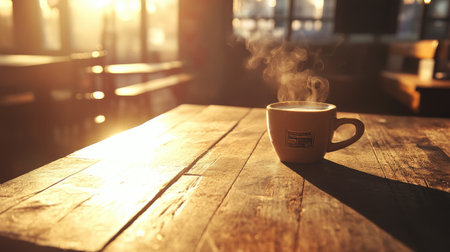 A close-up of a steaming cup of coffee placed on a rustic wooden table at sunrise, surrounded by soft natural light, perfect for a tranquil morning moment.の素材