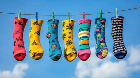 A cheerful arrangement of colorful socks with quirky patterns hanging on a clothesline against a vivid blue sky, evoking a sense of whimsy.の素材