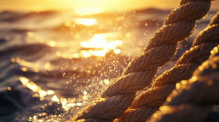 A close-up of a nautical rope knot glistening with sea spray at sunset, capturing the texture and beauty of the ocean in warm, golden light.の素材