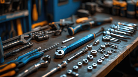 A close-up of a well-arranged workbench in a garage with different tools, hardware, and workshop essentials, highlighting a clean, practical environment.の素材