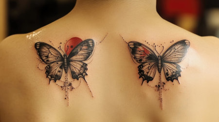 A creative abstract butterfly tattoo on a person's back, featuring unique design elements and flowing contours, embodying freedom and artistic style.の素材
