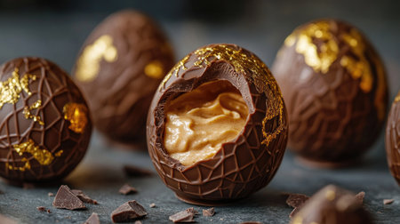 A close-up of luxurious chocolate eggs with delicate gold accents, cracked open to reveal creamy mousse, capturing the elegance and festive spirit of Easter.の素材