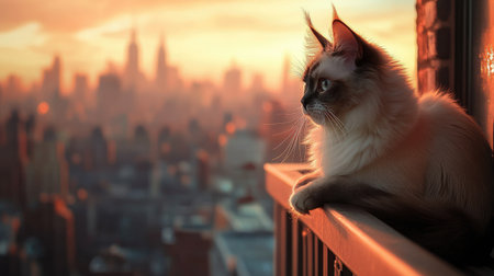 A content Ragdoll cat peacefully rests on a balcony, with a stunning city skyline in the background, illuminated by warm natural light.の素材