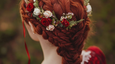 A close-up of an intricate red braided hairstyle adorned with fresh flowers and velvet ribbons, showcasing a romantic and vintage aesthetic.の素材