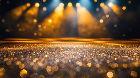 A close-up of golden glitter lights on the stage floor, enhanced by vibrant stage lights, adding glamour and excitement to the scene.の素材