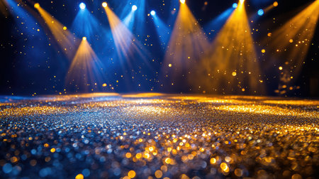 A close-up of golden glitter lights on the stage floor, enhanced by vibrant stage lights, adding glamour and excitement to the scene.の素材