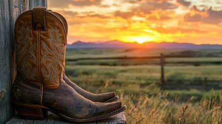 A close-up of rugged cowboy boots resting against a wooden fence, with a beautiful sunset casting warm light over the serene landscape.の素材