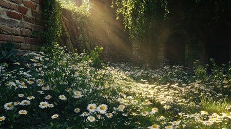 A lush herb garden with wild chamomile flowers blooming freely, bathed in soft daylight, creating a peaceful and natural environment.の素材