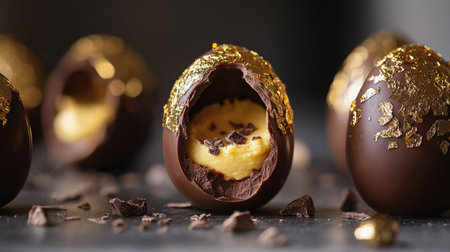 A close-up of luxurious chocolate eggs with delicate gold accents, cracked open to reveal creamy mousse, capturing the elegance and festive spirit of Easter.の素材