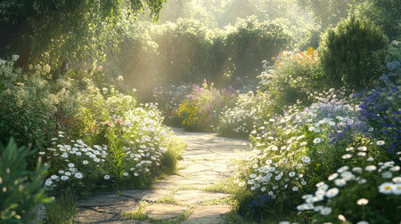 A lush herb garden with wild chamomile flowers blooming freely, bathed in soft daylight, creating a peaceful and natural environment.の素材