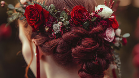 A close-up of an intricate red braided hairstyle adorned with fresh flowers and velvet ribbons, showcasing a romantic and vintage aesthetic.の素材