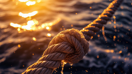 A close-up of a nautical rope knot glistening with sea spray at sunset, capturing the texture and beauty of the ocean in warm, golden light.の素材