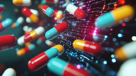 A dynamic display of colorful capsules and tablets on a digital screen, illustrating pharmacokinetics and molecular pathways, with vibrant lighting enhancing the visuals.の素材