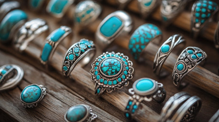 A close-up of beautiful turquoise and silver rings arranged on a rustic wooden surface, capturing the bohemian spirit with their intricate designs.の素材
