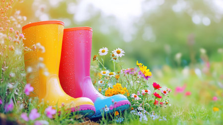 A pair of colorful spring rain boots spilling over with wildflowers, bringing life and color to a bright and sunny garden scene.の素材