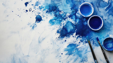 A creative flat lay featuring rich blue watercolor paints and dynamic brushstrokes on textured canvas, highlighting the beauty of artistic exploration and color blending.の素材