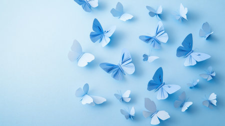 A dreamy scene of delicate blue paper butterflies scattered across a pastel-colored background, evoking a whimsical and airy ambiance of freedom.の素材
