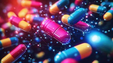 A dynamic display of colorful capsules and tablets on a digital screen, illustrating pharmacokinetics and molecular pathways, with vibrant lighting enhancing the visuals.の素材