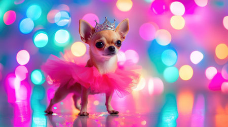 A fashionable Chihuahua struts down a reflective runway, wearing a tutu and tiara, with vibrant bokeh lights in the background, adding sparkle to the playful display.の素材