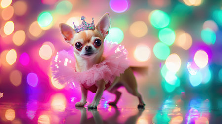 A fashionable Chihuahua struts down a reflective runway, wearing a tutu and tiara, with vibrant bokeh lights in the background, adding sparkle to the playful display.の素材