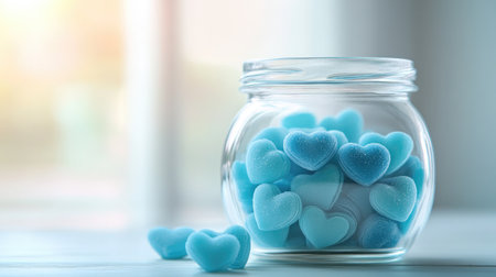 A glass jar filled with delicate pastel blue heart-shaped candies, illuminated by soft lighting that emphasizes their texture and sweetness on a calm, light-colored background.の素材