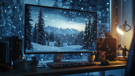 A computer monitor displaying a realistic view of snow falling over a serene landscape, creating a wintery atmosphere perfect for a digital escape.の素材