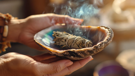 A serene Native American smudging ceremony featuring sage burning in an abalone shell, with soft, natural surroundings promoting a peaceful, spiritual atmosphere.の素材