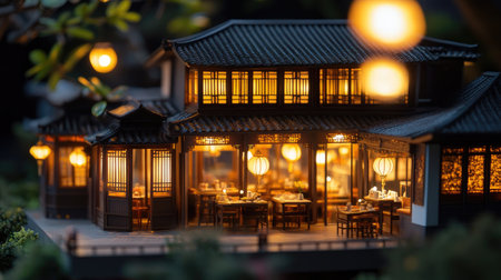 A miniature Asian restaurant model illuminated at night, with warm lights glowing through windows, showcasing traditional architecture and peaceful ambiance.の素材
