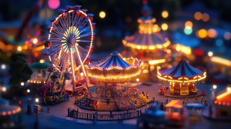 A miniature amusement park at night, brightly illuminated with colorful lights, showcasing rides and attractions in a vibrant, magical atmosphere.の素材