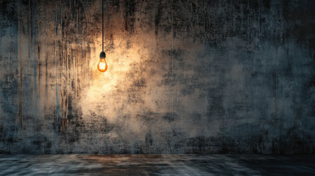 A grungy room with exposed concrete walls and a single hanging lightbulb, creating an industrial, raw aesthetic with dramatic lighting.の素材