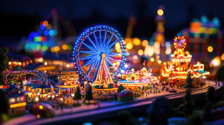 A miniature amusement park at night, brightly illuminated with colorful lights, showcasing rides and attractions in a vibrant, magical atmosphere.の素材