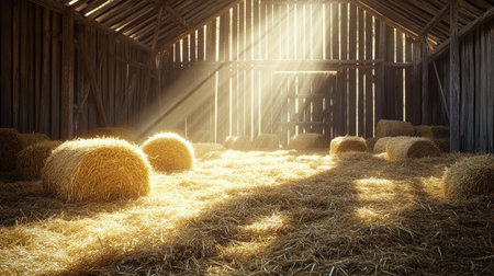 A peaceful rustic barn filled with hay bales, where warm sunlight pours through the wooden slats, making the space feel inviting and cozy.の素材