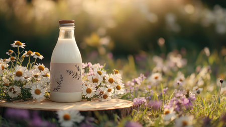 A nostalgic vintage milk bottle with an organic label, placed on a wooden board with wildflowers, creating a charming and rustic scene full of natural beauty.の素材