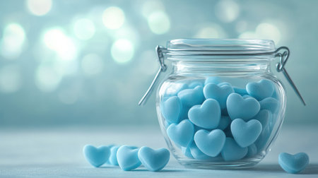 A glass jar filled with delicate pastel blue heart-shaped candies, illuminated by soft lighting that emphasizes their texture and sweetness on a calm, light-colored background.の素材