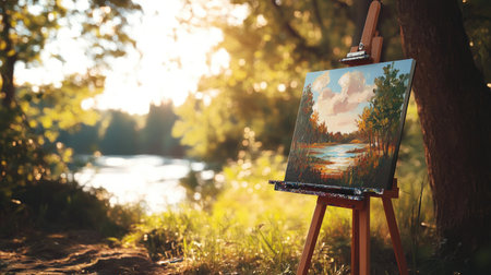 A robot artist creating a colorful landscape painting in a peaceful outdoor environment, with natural lighting enhancing the beauty of the scene.の素材