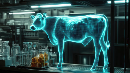 A futuristic digital hologram of a cow in a modern lab, representing cutting-edge sustainable farming solutions and advancements in food science.の素材