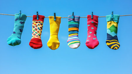 A fun collection of colorful socks with unique patterns hanging on a clothesline, set against the backdrop of a clear, bright blue sky.の素材