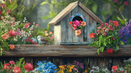 A hand-painted birdhouse resting on a rustic shelf, surrounded by vibrant herbs and blooming flowers, creating a serene garden atmosphere.の素材