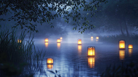 A peaceful scene of floating lanterns on a foggy river at night, casting soft golden light and creating a dreamy, mystical ambiance in the quiet, fog-covered setting.の素材