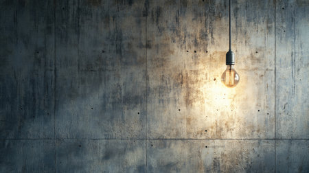 A minimalist grungy room with a concrete wall and a hanging lightbulb, evoking an urban, industrial vibe with shadows and textures.の素材